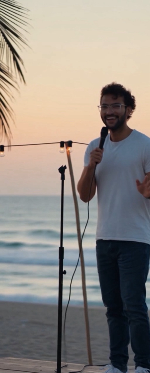 Sean performing at sunset, full body shot